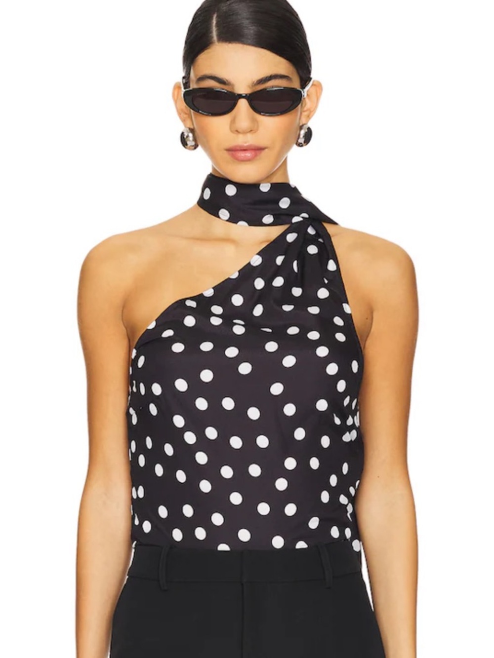 Polka Dot One-Shoulder Scarf Neck Top - Black/White